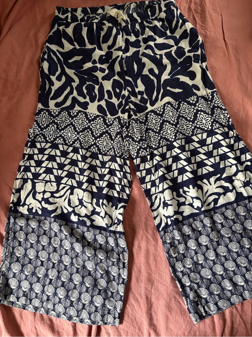 Anthropologie Wide-Leg Pants Pull-On Linen Blend White Blue Boho Beach Summer 1X - Picture 2 of 5